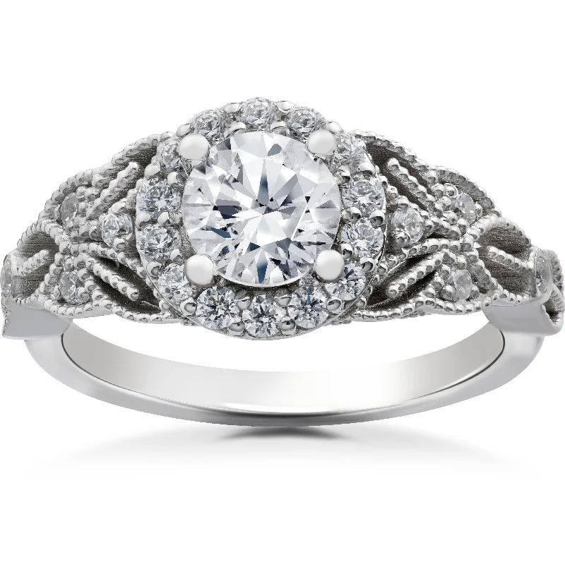 women halo engagement rings -1 1/5 Ct Vintage Halo Diamond Antique Floral Engagement Ring 14k White Gold