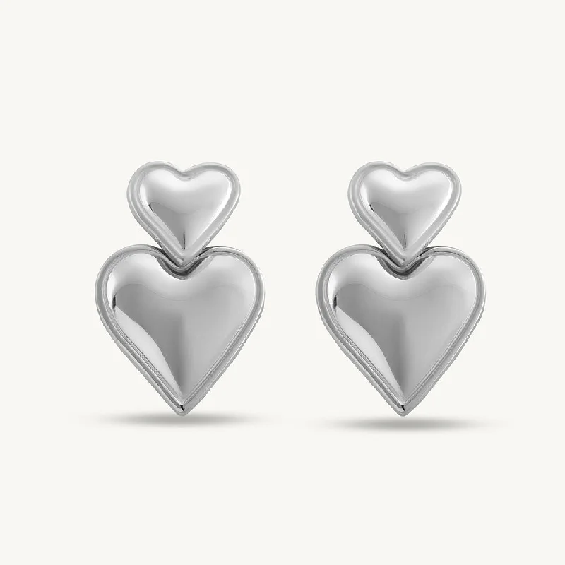 women fashion-forward earrings -Double Heart Silver Drop Earrings