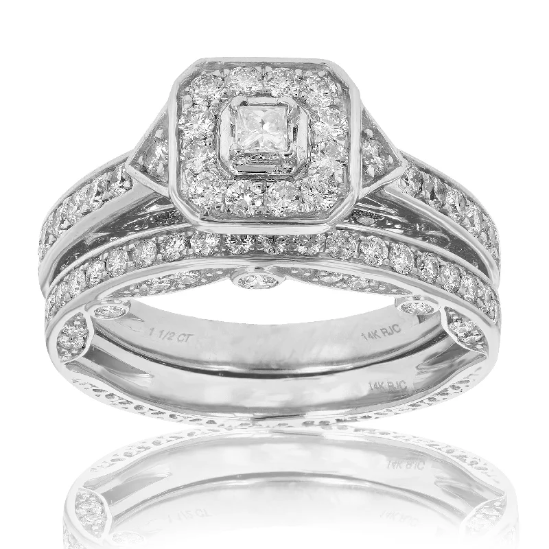 women timeless engagement rings -1 1/4 cttw Diamond Wedding Engagement Ring Bridal Set 14K White Gold Halo