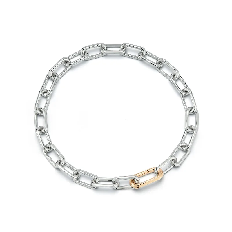 women gold plated bangles -SAXON STERLING SILVER LINK BRACELET WITH 18K ROSE GOLD ELONGATED SPRING LOADED CLASP