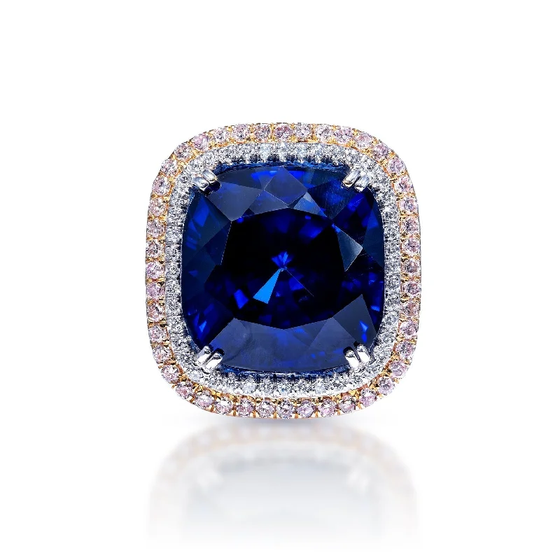 women custom rings -Fiona 31 Carat Cushion Cut Blue Sapphire Ring with Diamond Double Halo in Platinum EGL Certified