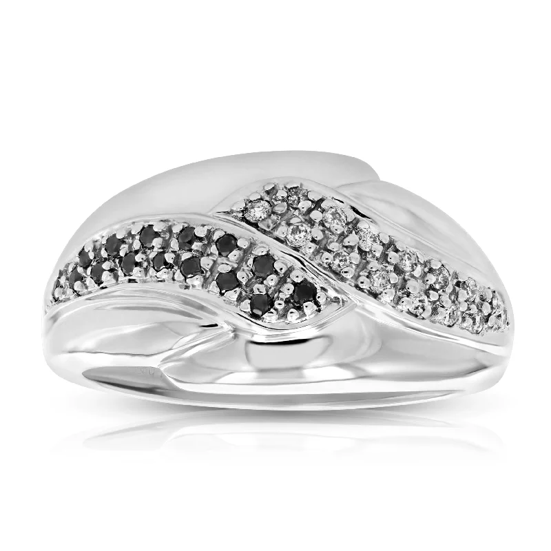 women diamond solitaire wedding rings -0.18 cttw Black and White Diamond Wedding Band Ring 10K White Gold Swirl