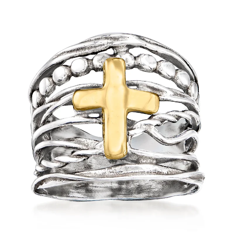 women exclusive engagement rings -Ross-Simons Sterling Silver and 14kt Yellow Gold Multi-Row Cross Ring