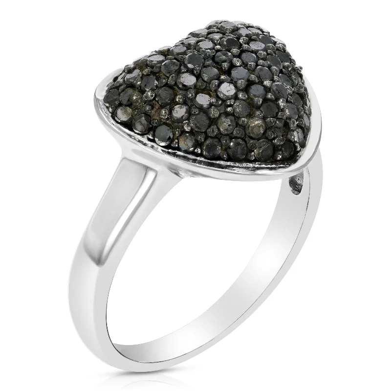 women timeless engagement rings -1 cttw Black Diamond Heart Ring .925 Sterling Silver with Rhodium Plating