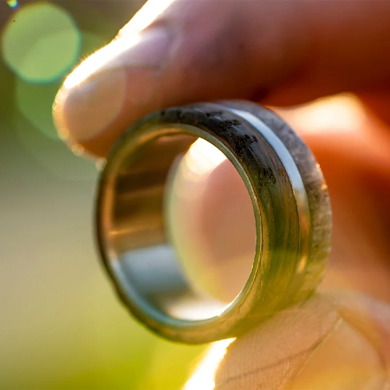 women anniversary rings -Whiskey Barrel Oak and Deer Antler Ring