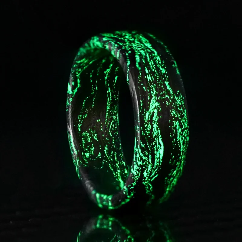 women solitaire rings -Green Glow Burl Carbon Fiber Ring