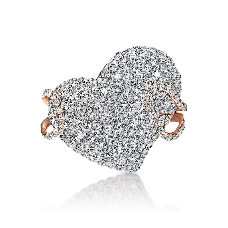 women custom rings -Sutton 5 Carat Round Brilliant Pavé Diamond Heart Ring Convertible to Necklace in 14k Rose and White Gold By Mike Nekta