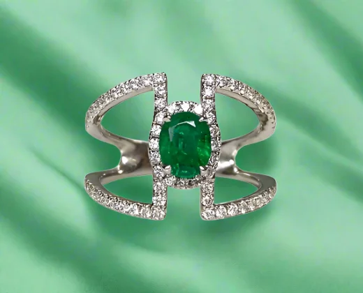 women emerald rings -Alaina 0.78 Carats Oval Cut Emerald Gemstone Ring in 18K White Gold By Mike Nekta NYC