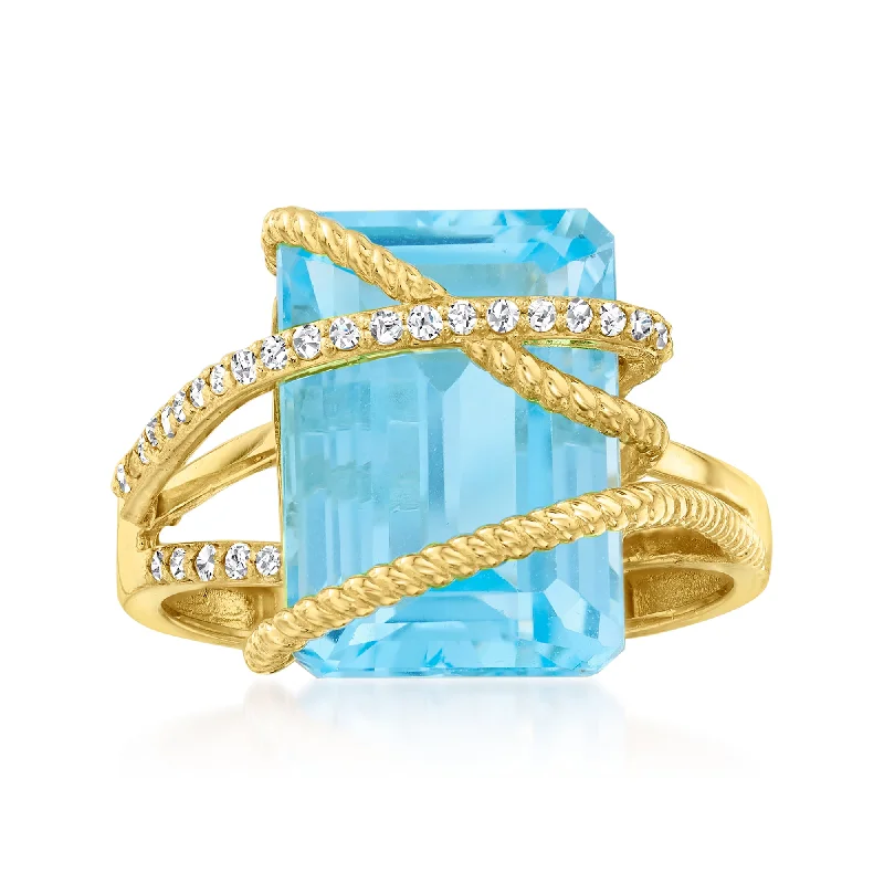 women custom-made engagement rings -Ross-Simons Blue Topaz and . Diamond Crisscross Ring in 14kt Yellow Gold