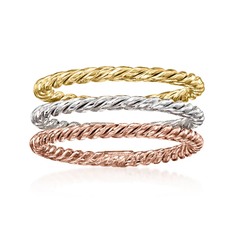 women elegant vintage engagement rings -Ross-Simons 18kt Tri-Colored Gold Jewelry Set: 3 Rope-Textured Rings