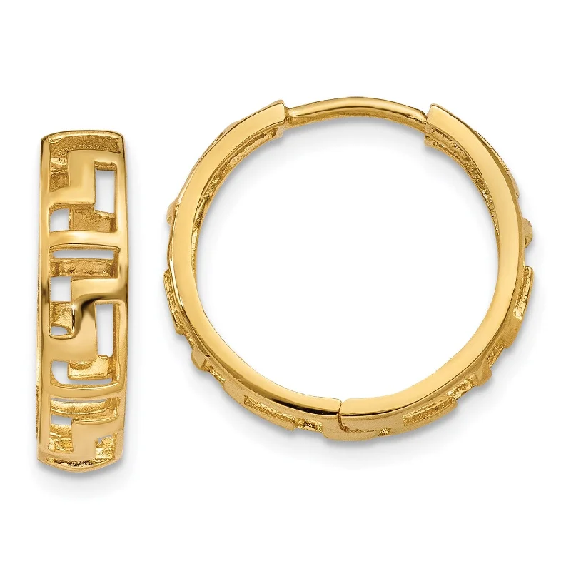 women radiant earrings -14KT Yellow Gold 15X4MM Greek Key Hoop Earrings