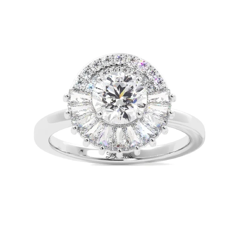 women matching engagement rings -Round Tapered Baguette Halo Solitaire Diamond Engagement Ring