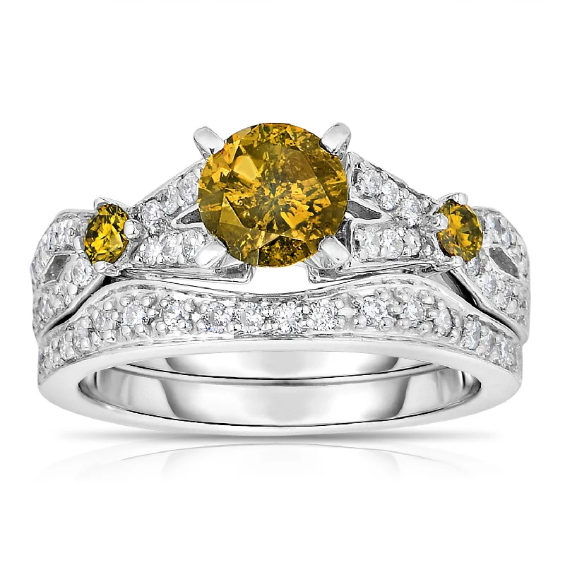 women halo engagement rings -1.60 cttw 3 Stone Yellow and White Diamond Engagement Ring 14K White Gold