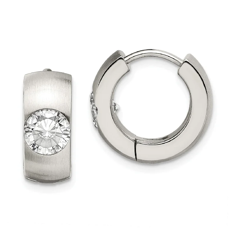 women fashion earrings -Stainless Steel CZ Brushed & Polished Round Hinged Hoop Earrings