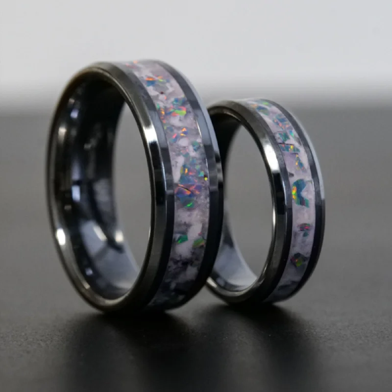 women stackable rings -Matching Cosmic Glowstone Wedding Ring Set in Tungsten