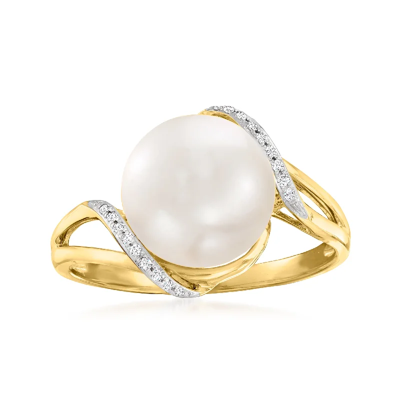 women classic princess-cut engagement rings -Ross-Simons 10-10.5mm Cultured Pearl Wave Ring With Diamond Accents in 14kt Yellow Gold