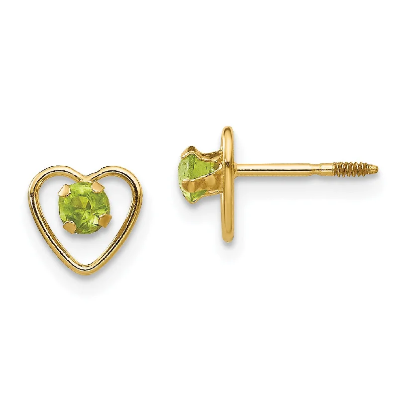 women long drop earrings -14KT Yellow Gold 3MM Round Peridot 6MM Heart Childrens Birthstone Stud Earrings