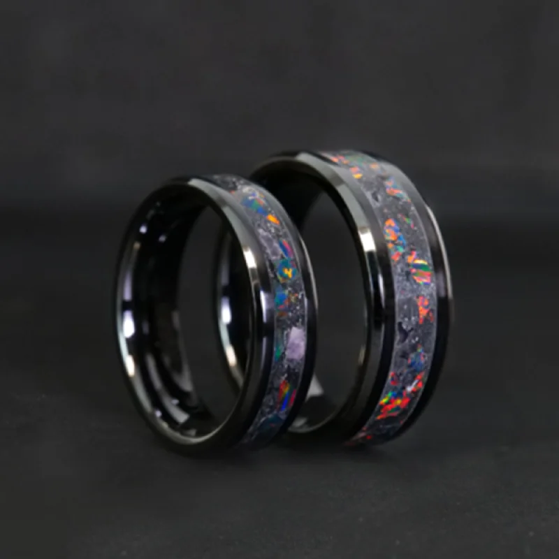 women birthstone rings -Matching Ember Glowstone Wedding Ring Set in Black Ceramic