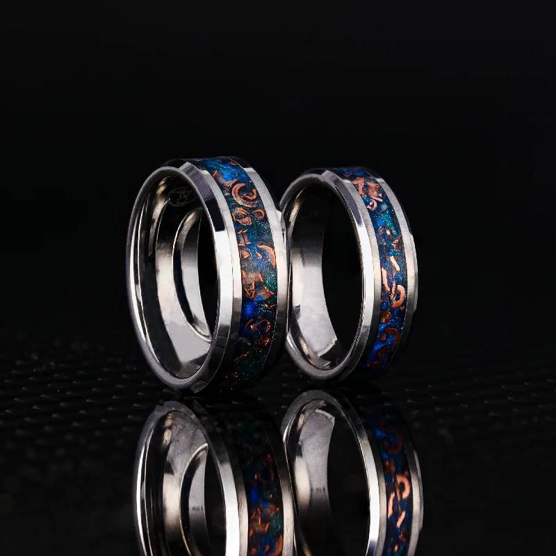 women silver rings -Matching Sunken Artifact Glowstone Wedding Ring Set in Tungsten