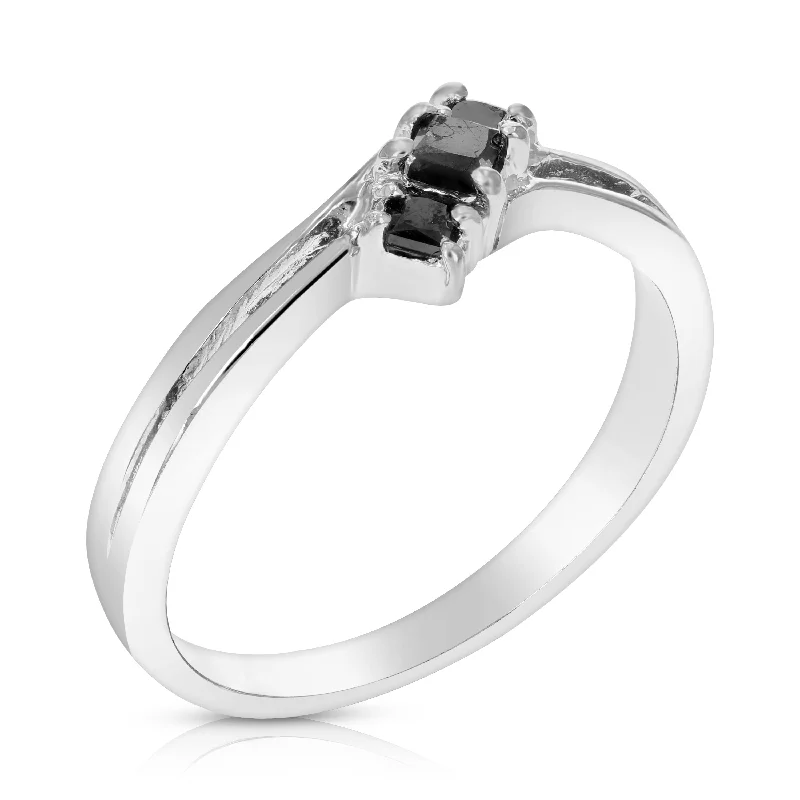 women affordable engagement rings -1/2 cttw 3 stone Princess Cut Black Diamond Ring .925 Sterling Silver Rhodium