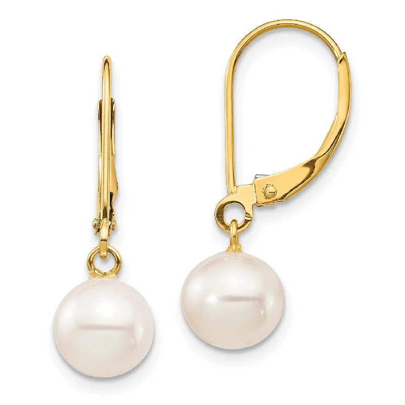 women luxury earrings for women -7MM Round Pearl Leverback Earrings in 14KT Yellow Gold