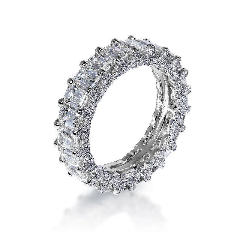 women matching rings -Angelica 6 Carat Emerald Cut Diamond Eternity Band in 14k White Gold Shared Prong With Diamond Encrusted Prongs