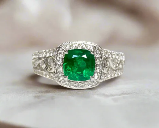 women engagement rings -Aspen 1.14 Carats Cushion Cut Emerald Gemstone Ring in 18K White Gold By Mike Nekta NYC