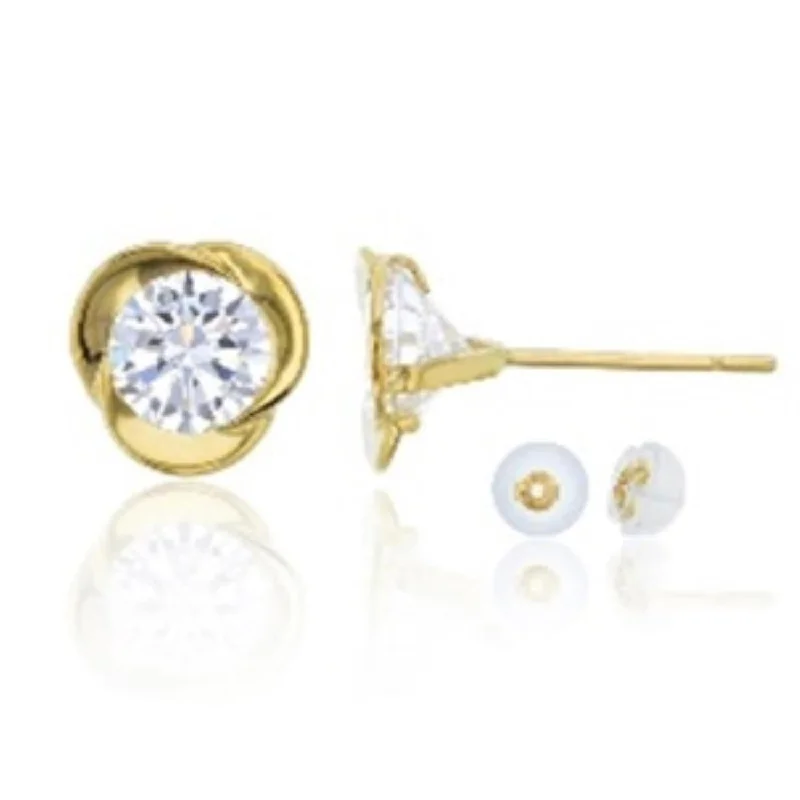 women rhinestone earrings -14KT Yellow Gold 5MM Round Cubic Zirconia Stud Love Knot Earrings