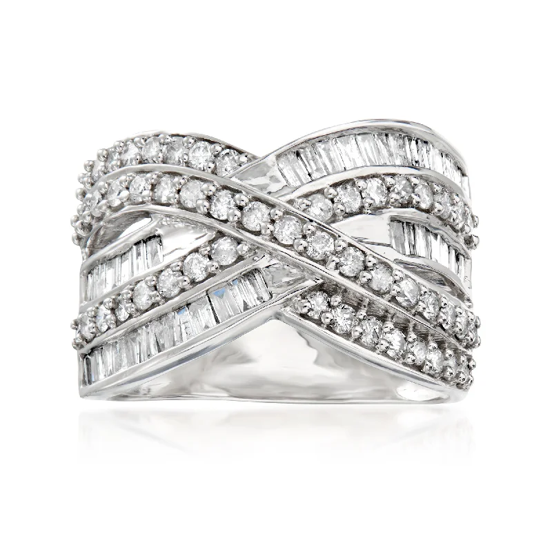 women one-of-a-kind engagement rings -Ross-Simons Baguette and Round Diamond Highway Ring in Sterling Silver