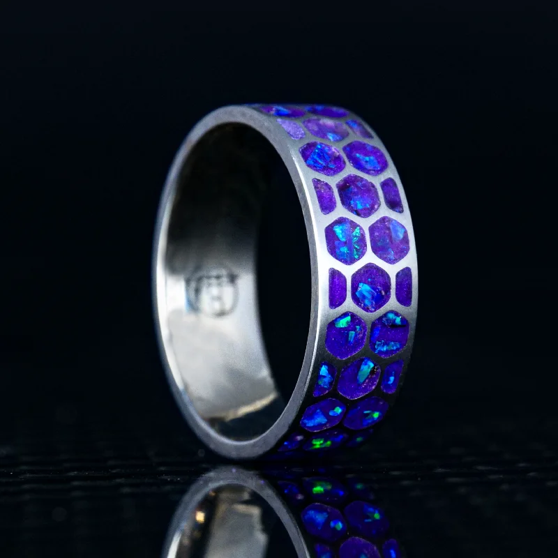 women classic rings -Hexagon Lavender Opal Glowstone Ring on Titanium