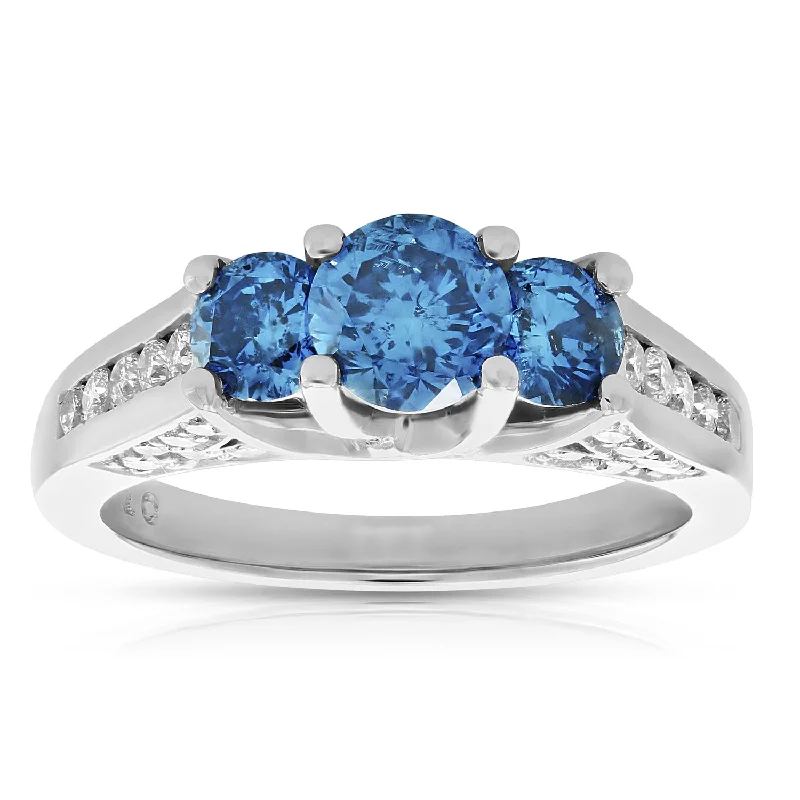 women vintage engagement rings -2.56 cttw Blue and White Diamond 3 Stone Ring 14K White Gold Engagement