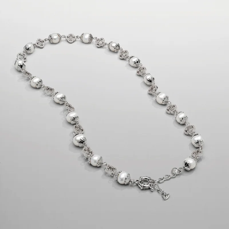 women fashion necklaces -Filigree Real Pearl Necklace (Silver)