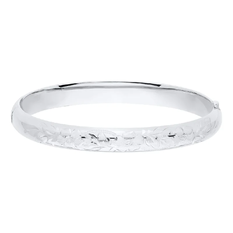 women thick bangles -Sterling Silver Floral Engraved Bangle Bracelet