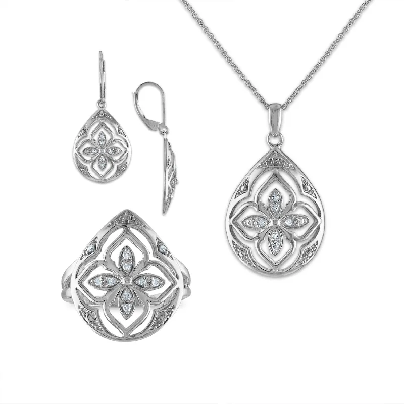 women sterling silver earrings -1/4 CTW Diamond 18-inch Pendant Ring Earrings Set in Sterling Silver