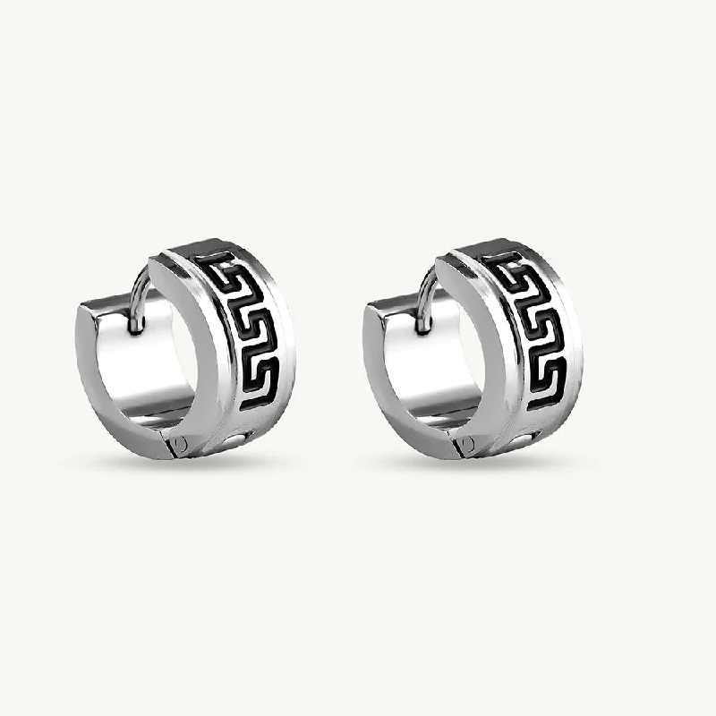 women high-end earrings -Greek Key Design Silver Hoop Earrings