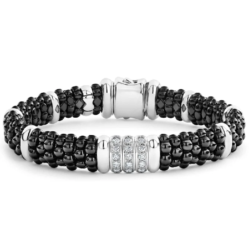 women birthstone bangles -Lagos Black Caviar Three Station Ceramic Diamond Bracelet, 9mm