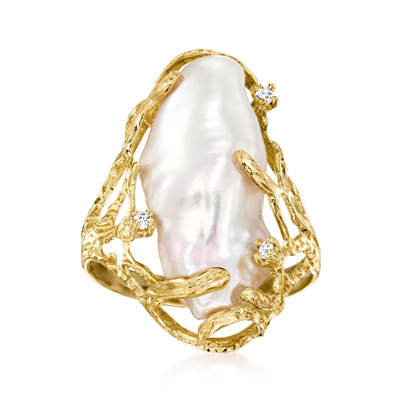 women high-quality engagement rings -Ross-Simons 10x24mm Cultured Baroque Pearl Ring With Diamond Accents in 14kt Yellow Gold