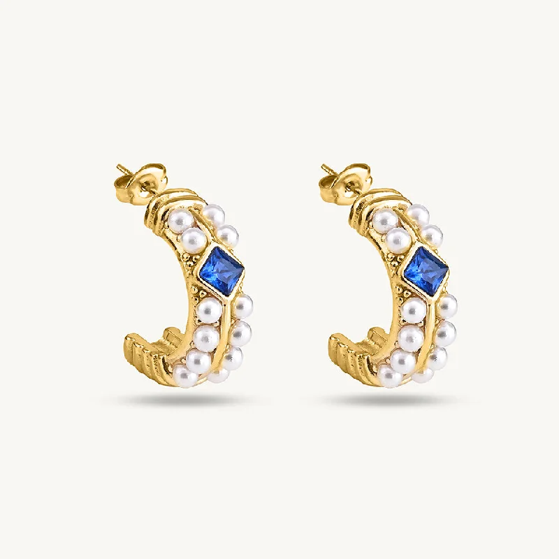 women elegant stud earrings -Classic Pearl and Sapphire Gold Hoop Earrings