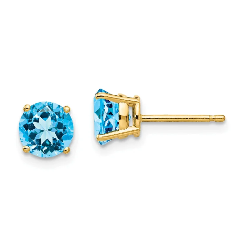 women pearl stud earrings -6MM Round Swiss Blue Topaz Stud Earrings in 14KT Yellow Gold