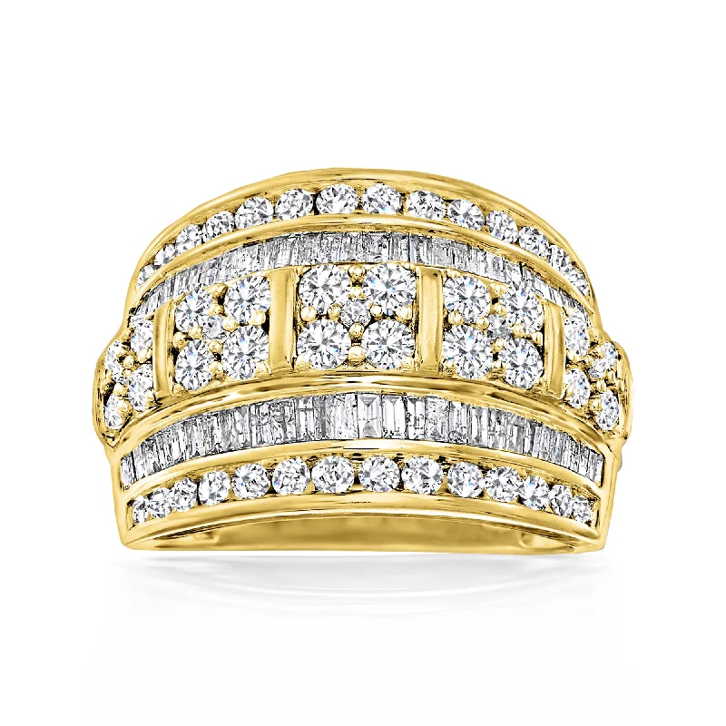 women princess-cut engagement rings -Ross-Simons Round and Baguette Diamond Multi-Row Ring in 18kt Gold Over Sterling