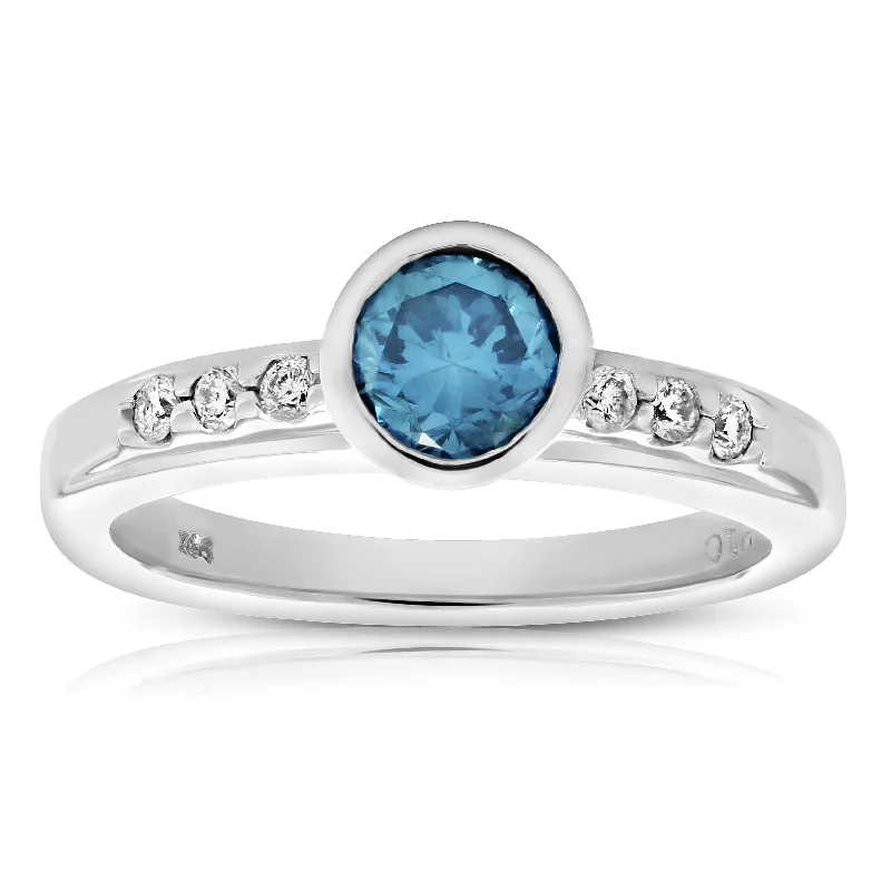 women gold engagement rings -0.80 cttw Blue and White Diamond Engagement Ring 14K White Gold