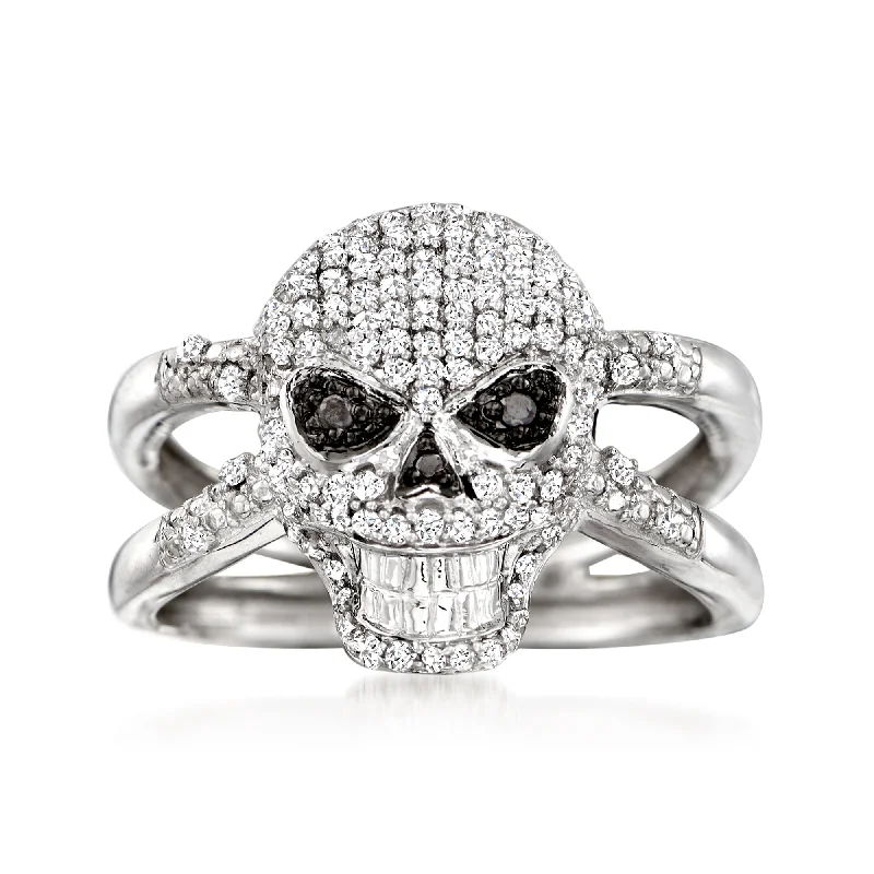 women sparkling engagement rings -Ross-Simons Black and White Diamond Skull Ring in Sterling Silver