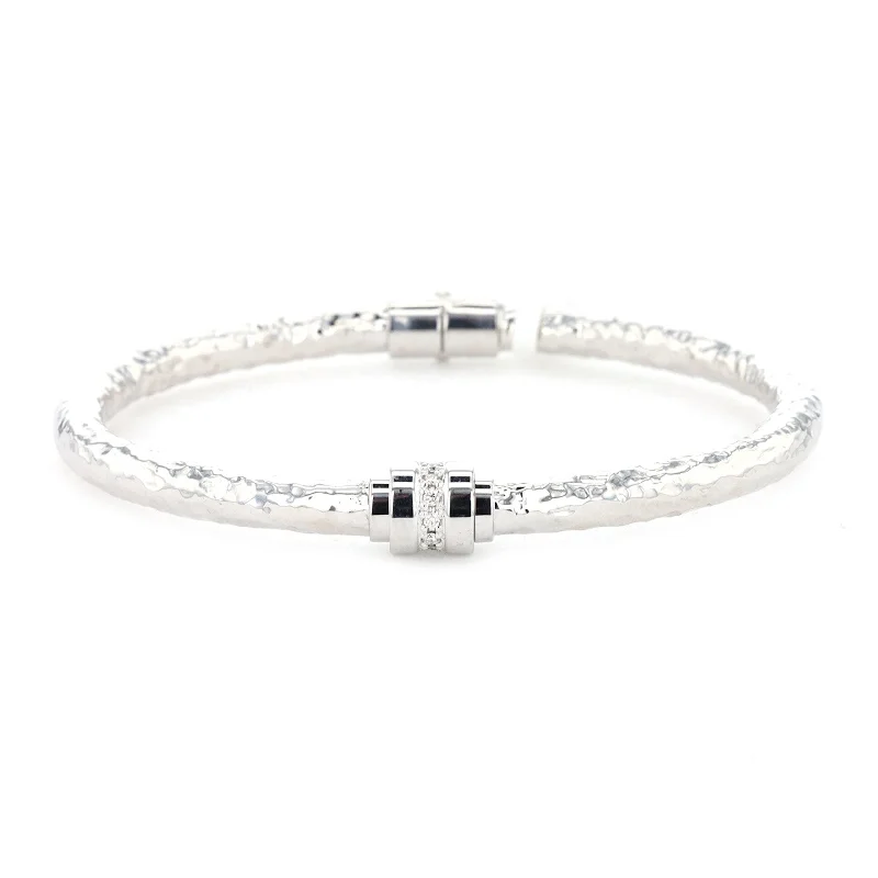 women beaded bangles -0.08 ctw Diamond Hammered Bangle Silver Bracelet