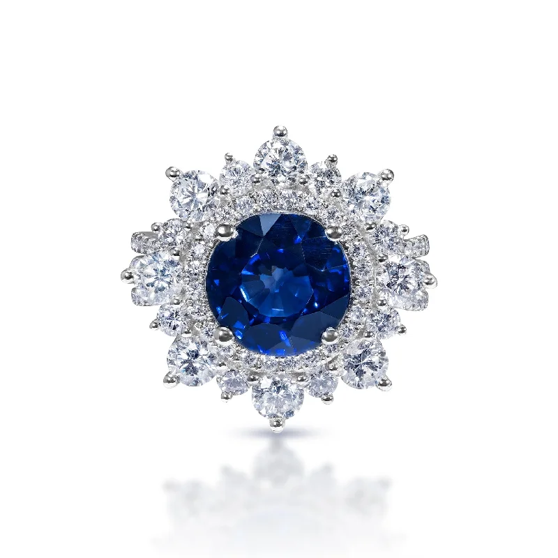 women stackable rings -Evie 7 Carats Round Brilliant Blue Sapphire Ring in 18k White Gold