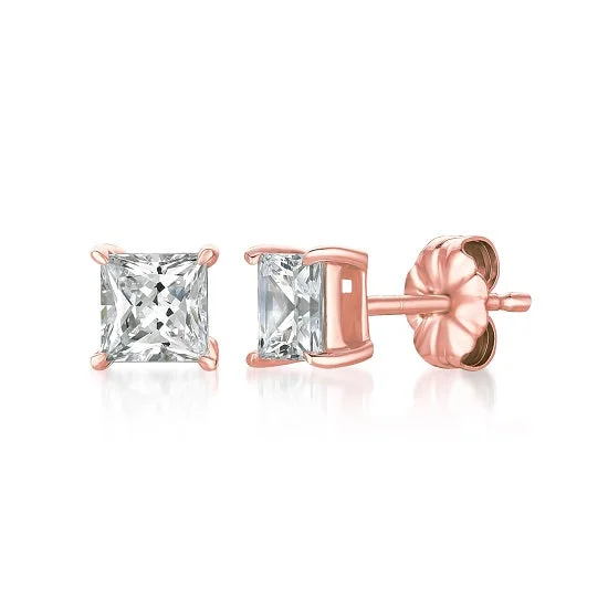 women radiant earrings -Crislu 18KT Rose Gold Plated Sterling Silver Princess Cut Cubic Zirconia Stud Earrings