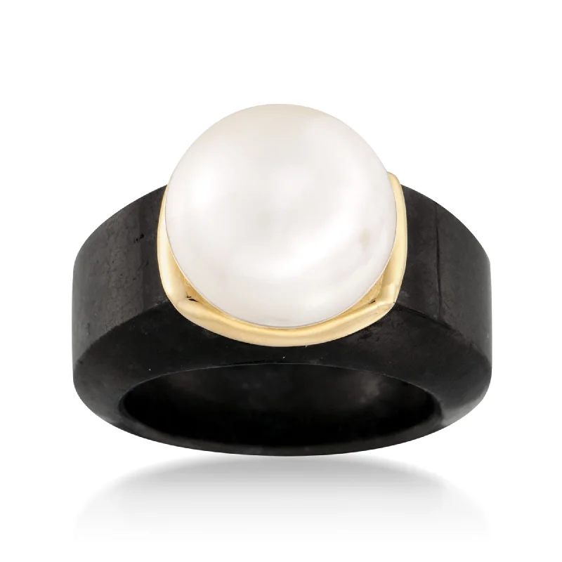 women engagement rings -Ross-Simons 13-13.5mm Cultured Pearl Ring in Black Jade and 14kt Yellow Gold