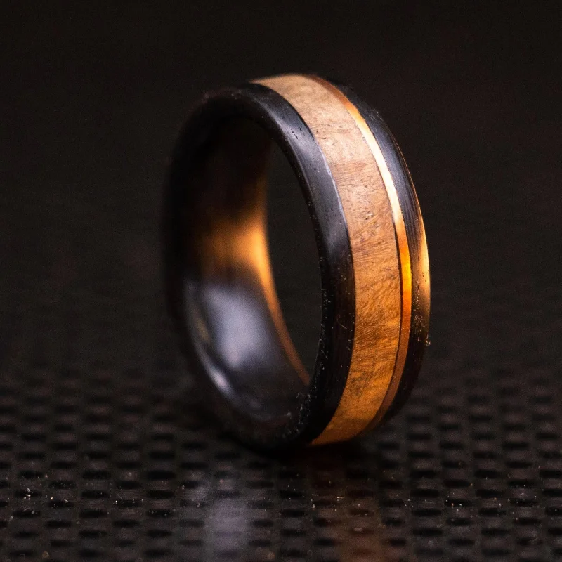 women solitaire rings -Carbon Fiber, Gold, and Wood Ring