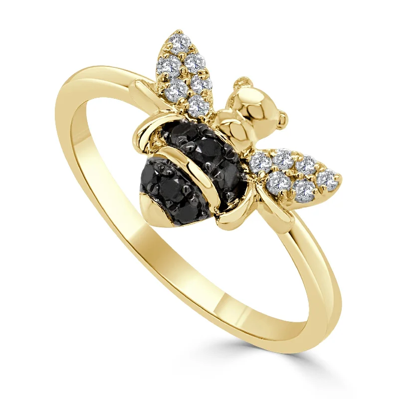 women cocktail statement rings -14k Gold Black & White Diamond Bumble Bee Ring