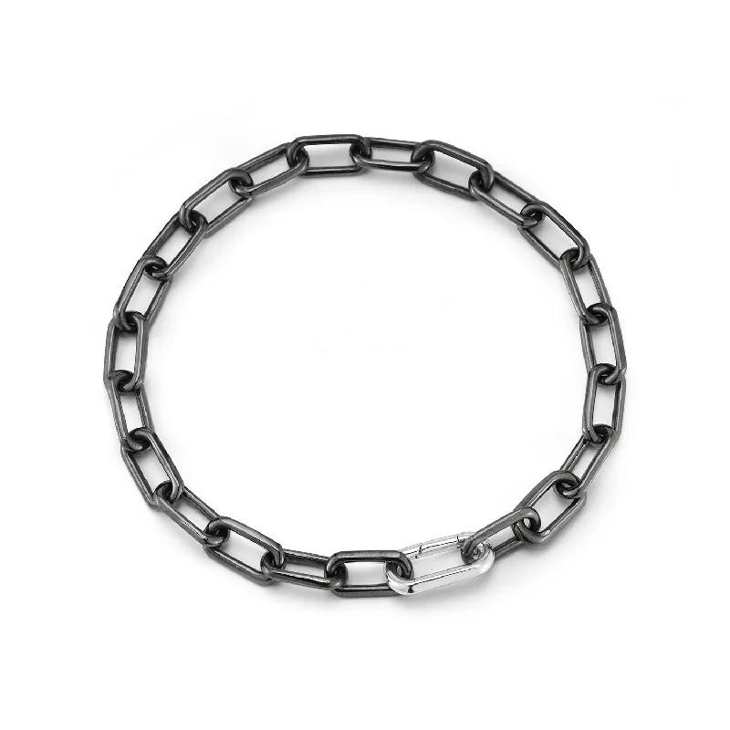 women double bangle bracelets -SAXON BLACK RHODIUM LINK BRACELET WITH ELONGATED STERLING SILVER SPRING LOADED CLASP