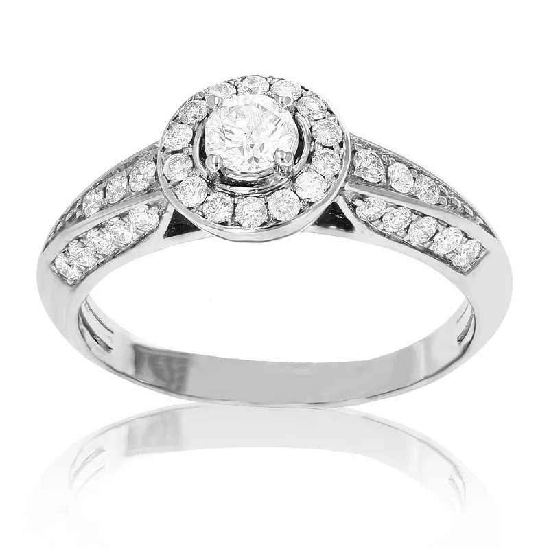 women double halo engagement rings -3/4 cttw Diamond Wedding Engagement Ring 14K White Gold Halo Prong Set Bridal